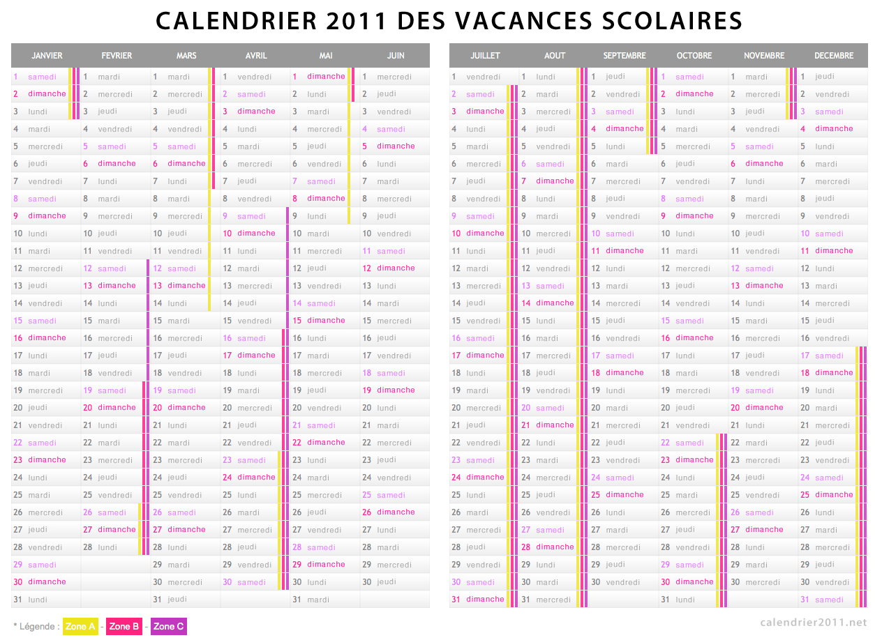 VACANCES SCOLAIRES - Calendrier des vacances 2011